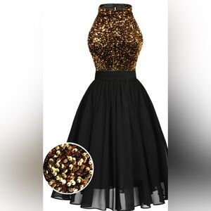 Women’s Black Gold Sequin Dress Retro Stage XL NWT